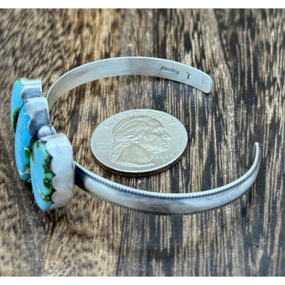 Navajo Handmade Sterling Silver Sonoran Gold Turquoise Stacker Cuff Bracelet - Picture 4 of 4